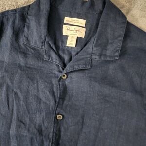 Panama Jack Mens Large Navy Blue 100% Linen Short Sleeve Shirt European Flax